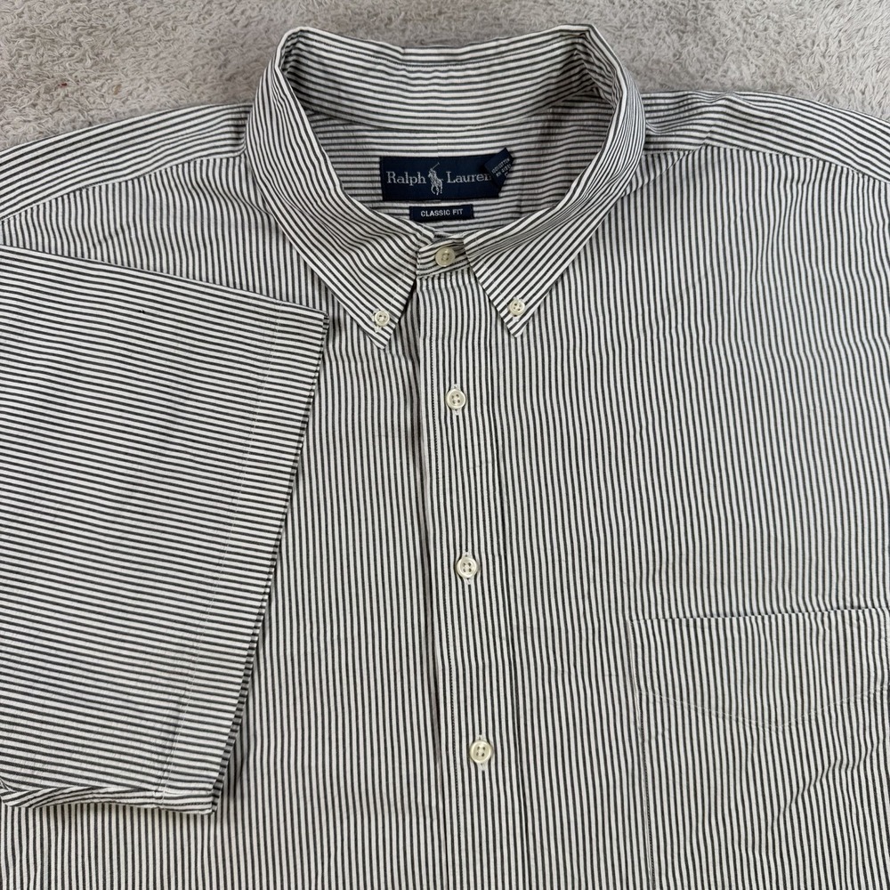 Polo Ralph Lauren Shirt Men 3XB Grey White Striped Button Down Pony Short Sleeve